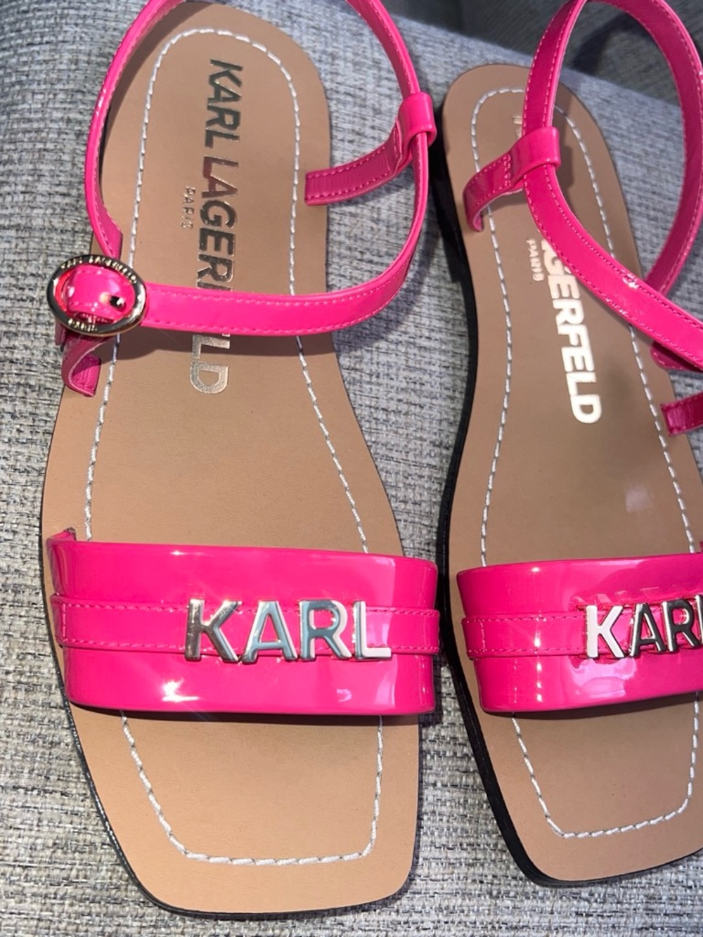 Karl Lagerfeld Patent Hot Pink Ankle-Strap Sandals with KARL Logo